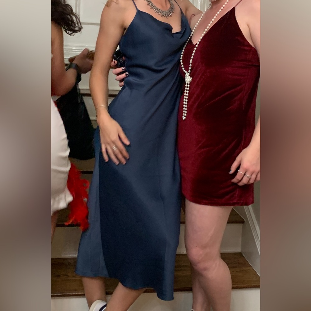 Frame teal Blue silky cowl neck spaghetti strap midi Slip Dress